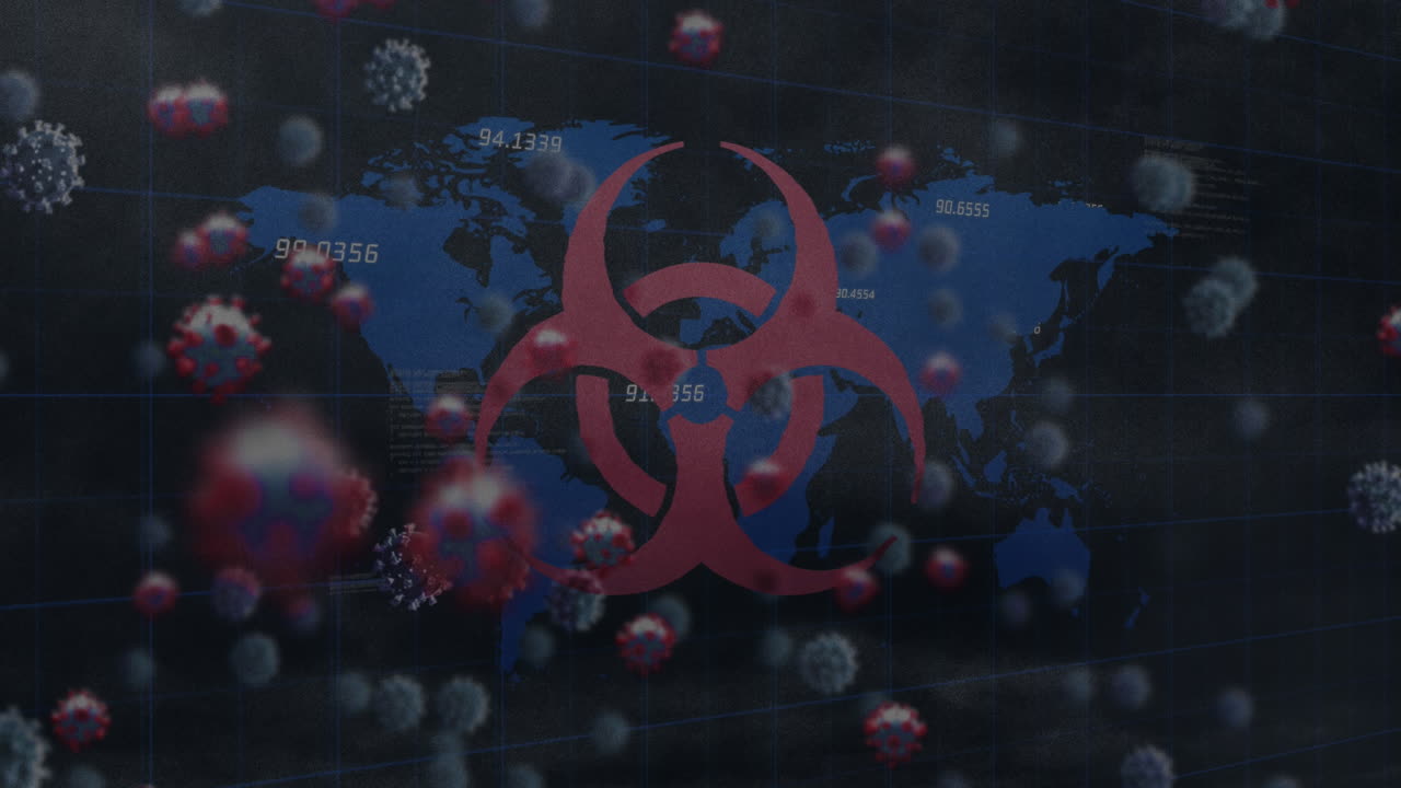 생물학적 위험 기호의 애니메이션, 코로나19 세포가 세계 지도를 가로질러 이동합니다.