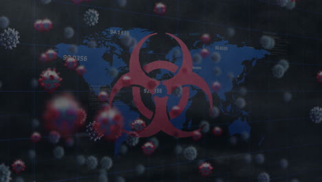 animation of biohazard symbol, covid 19 cells moving over world map in background