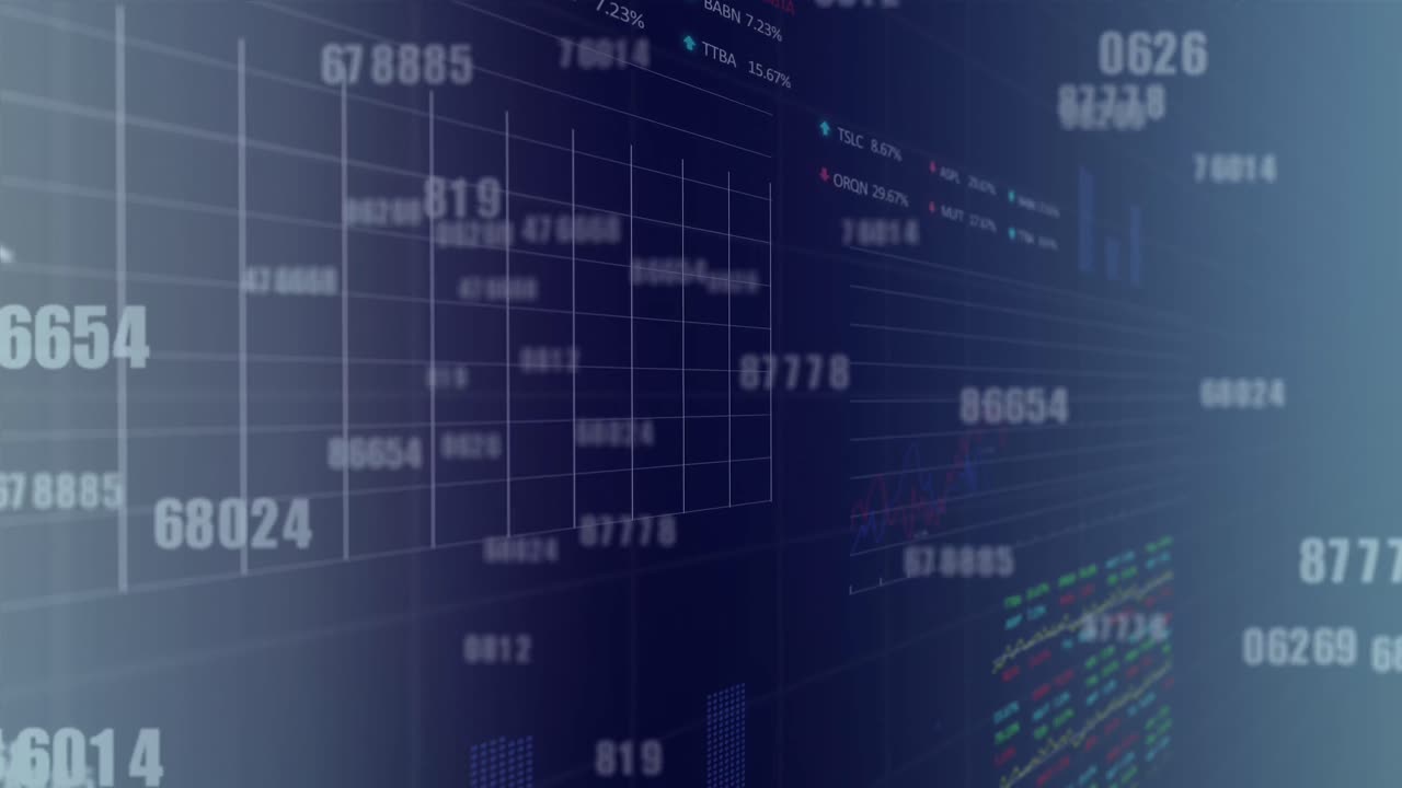 animación de números cambiantes, estadística, procesamiento de datos del mercado de valores en fondo de gradiente azul
