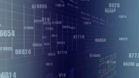 animación de números cambiantes, estadística, procesamiento de datos del mercado de valores en fondo de gradiente azul