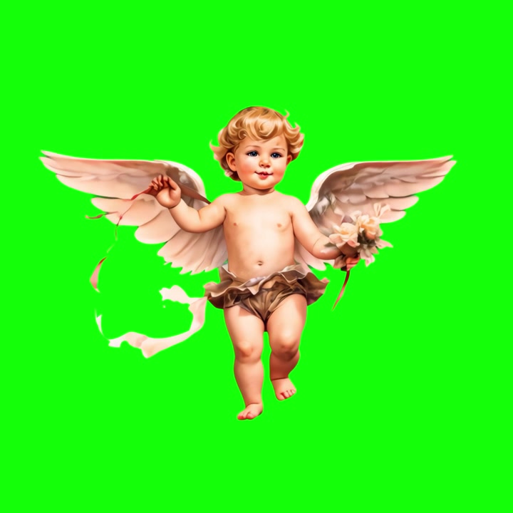 Animated Baby Cherub Walking with Wings and Flowers on Greenscreen