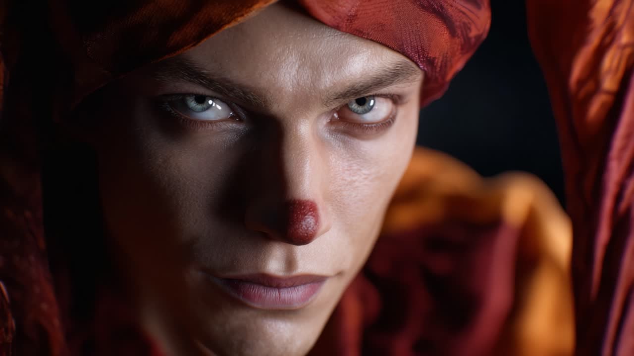 Un ipnotico ritratto di un clown che cattura emozioni intense con un sorprendente naso rosso e un'illuminazione drammatica, perfetto per evocare curiosità e arte.
