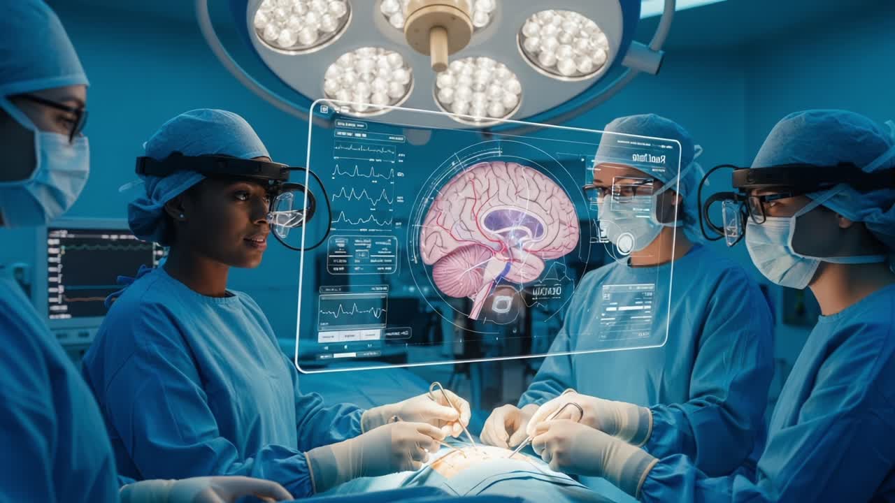 A Focused Surgical Team Collaborating in a High-Tech Operating Room, Utilizing Advanced Visualization Technology to Enhance Brain Surgery Procedures with Precision and Care