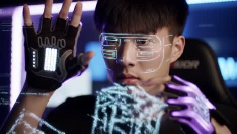 a focused individual engaged in advanced technology tasks, utilizing innovative gloves to interact with a virtual interface, surrounded by streams of code and data visualizations