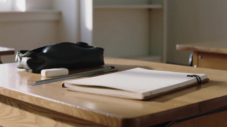 Shifting camera framing wooden desk by sunlit window, showing notebook, ruler, eraser, pencil case