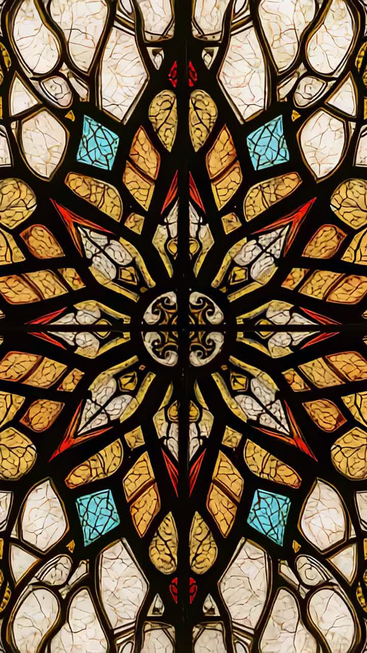 Vertical video: Camera panning, reframing stained glass panel in church, showing central rosette