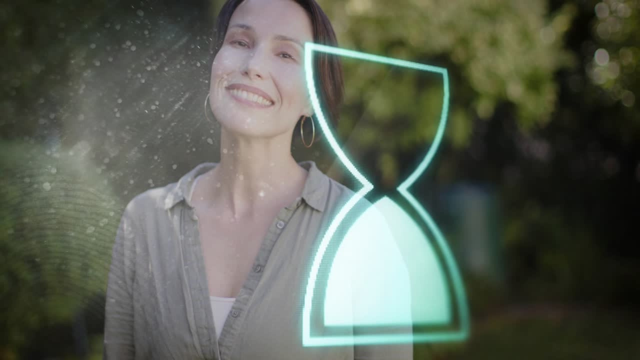 Woman standing in garden, neon hourglass fading in, sweeping face, revealing features for marketing