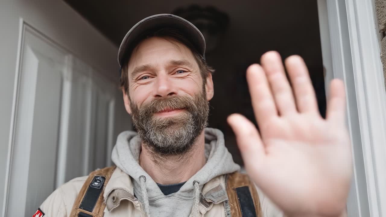 Friendly Greetings: A Warm Smile and Wave Captured in Two Moments at the Doorway, Embodying Community and Connection in Everyday Life