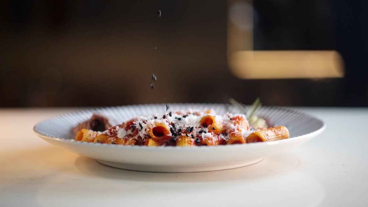 Close up view in slow motion of a Chef spreading black olive bits over smoky Neapolitan pasta dish.