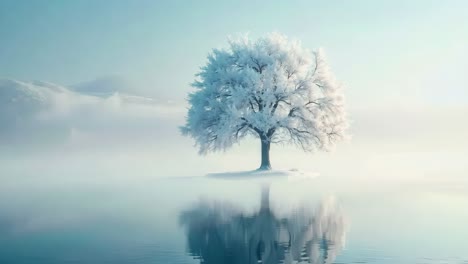 a lone tree in the middle of a foggy lake