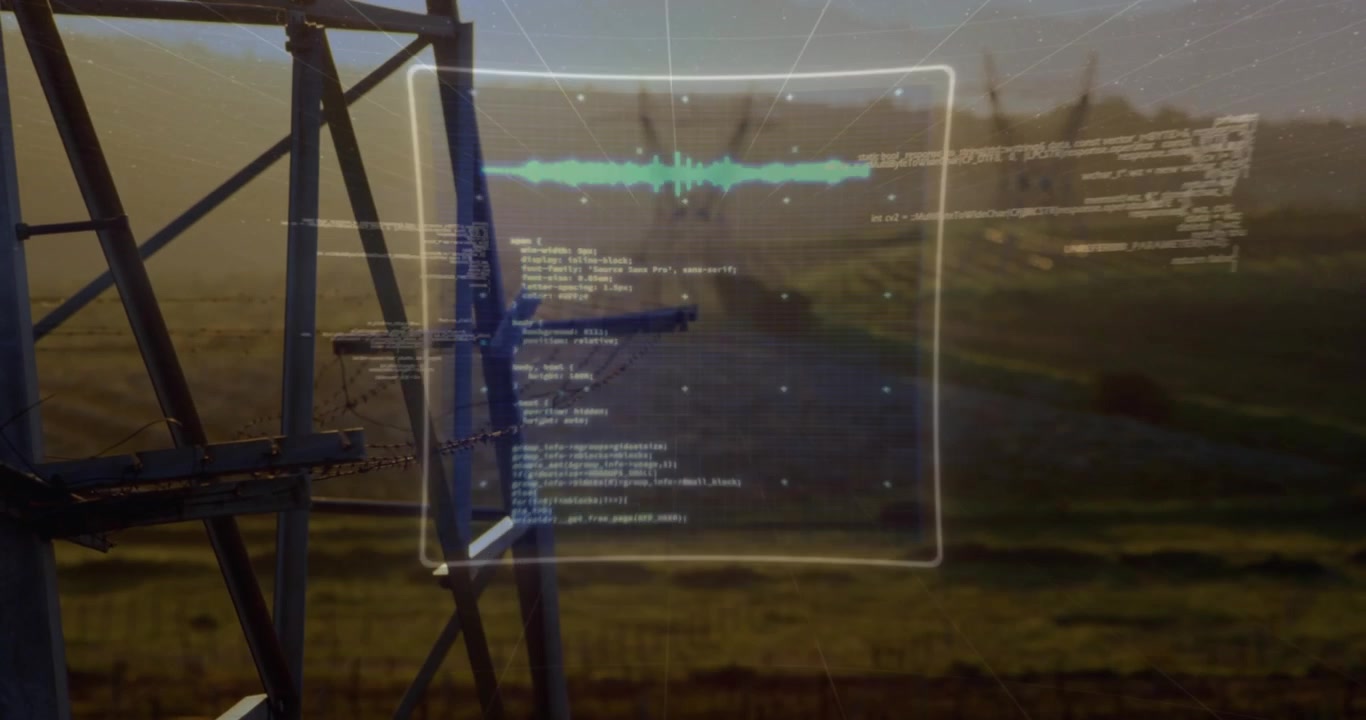 Dawn arriving activating holographic data panels scanning transmission tower for diagnostics