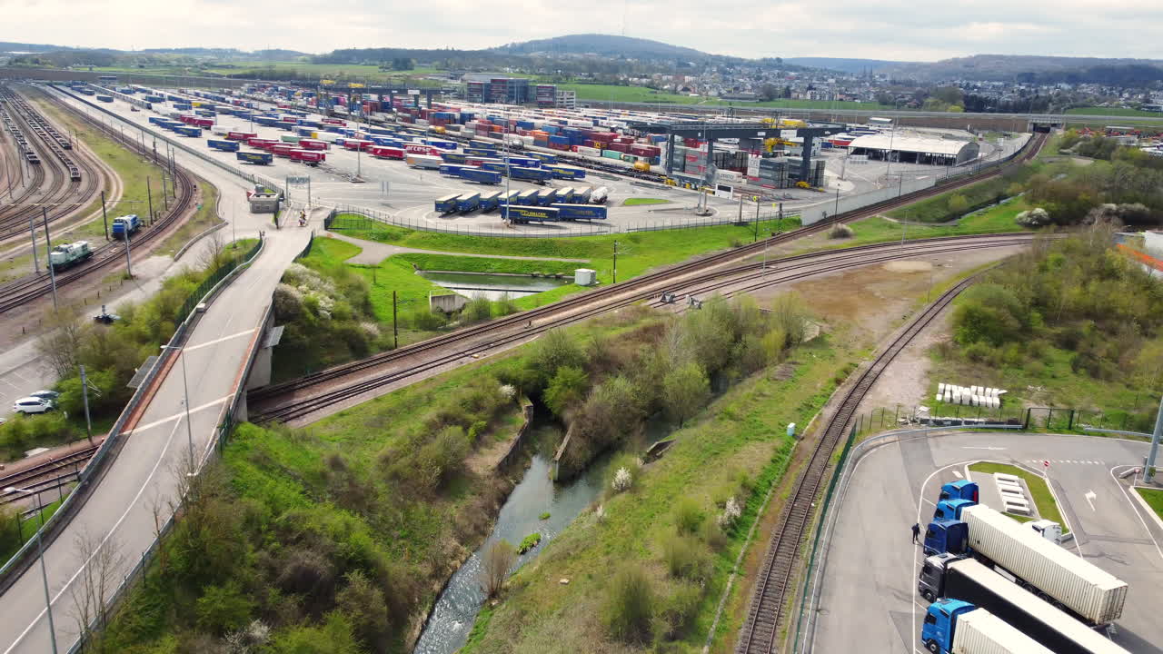 Aerial View of a Container Terminal with Rail and Road Access