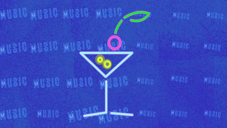 Animation-Von-Musik-Neontext-Und-Cocktailglas-Auf-Blauem-Hintergrund