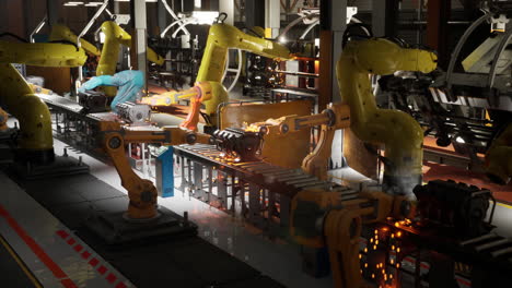 automated assembly line with industrial robots in a factory