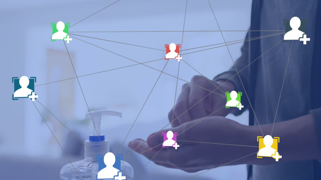 animación de la red de conexiones con iconos sobre mujer biracial desinfectando manos