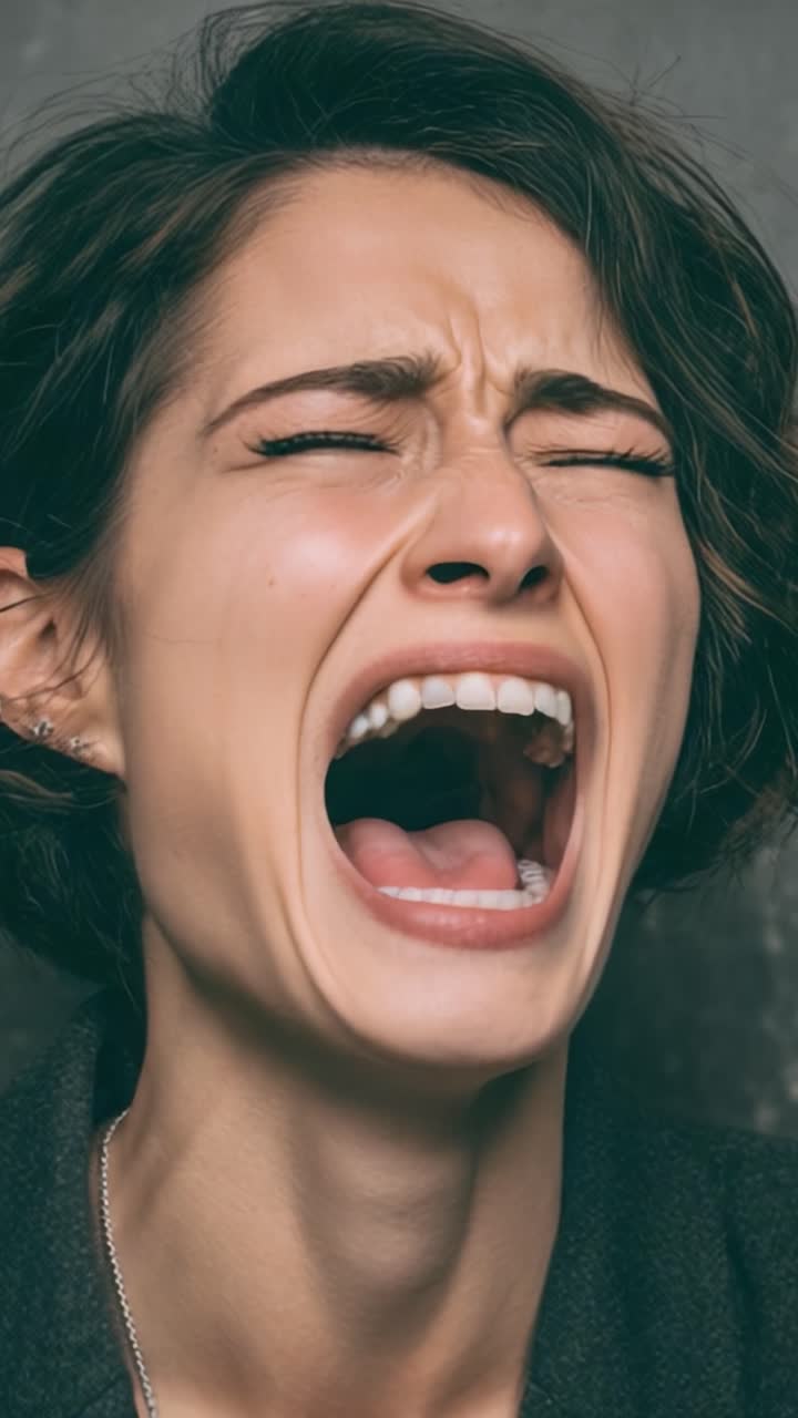 Disagio emotivo catturato in due fotogrammi: una donna che esprime dolore intenso e vulnerabilità attraverso le sue espressioni facciali e il linguaggio del corpo