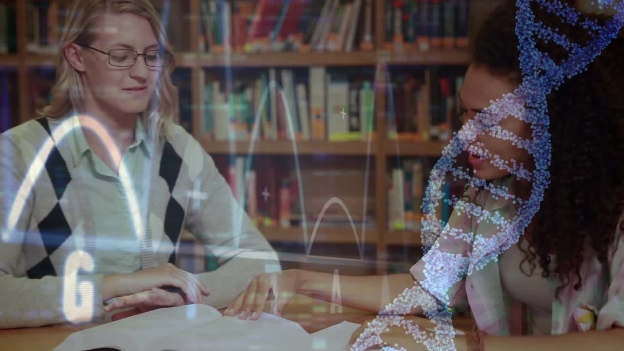 Tutor opening book and teaching for education while student tracing, DNA helix and graph overlay