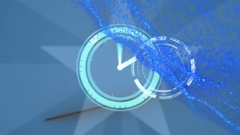 animation of clock moving fast and scope scanning over star on blue background