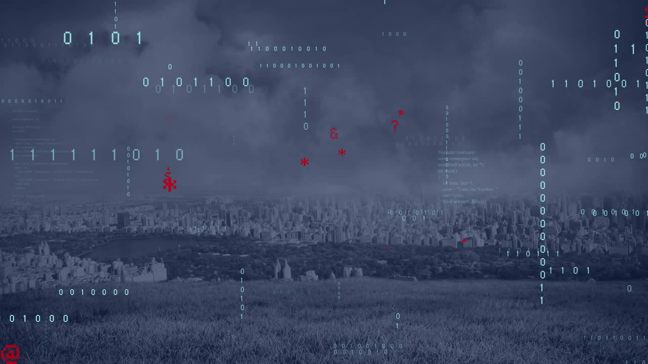 Animation of data processing, cityscape and connections