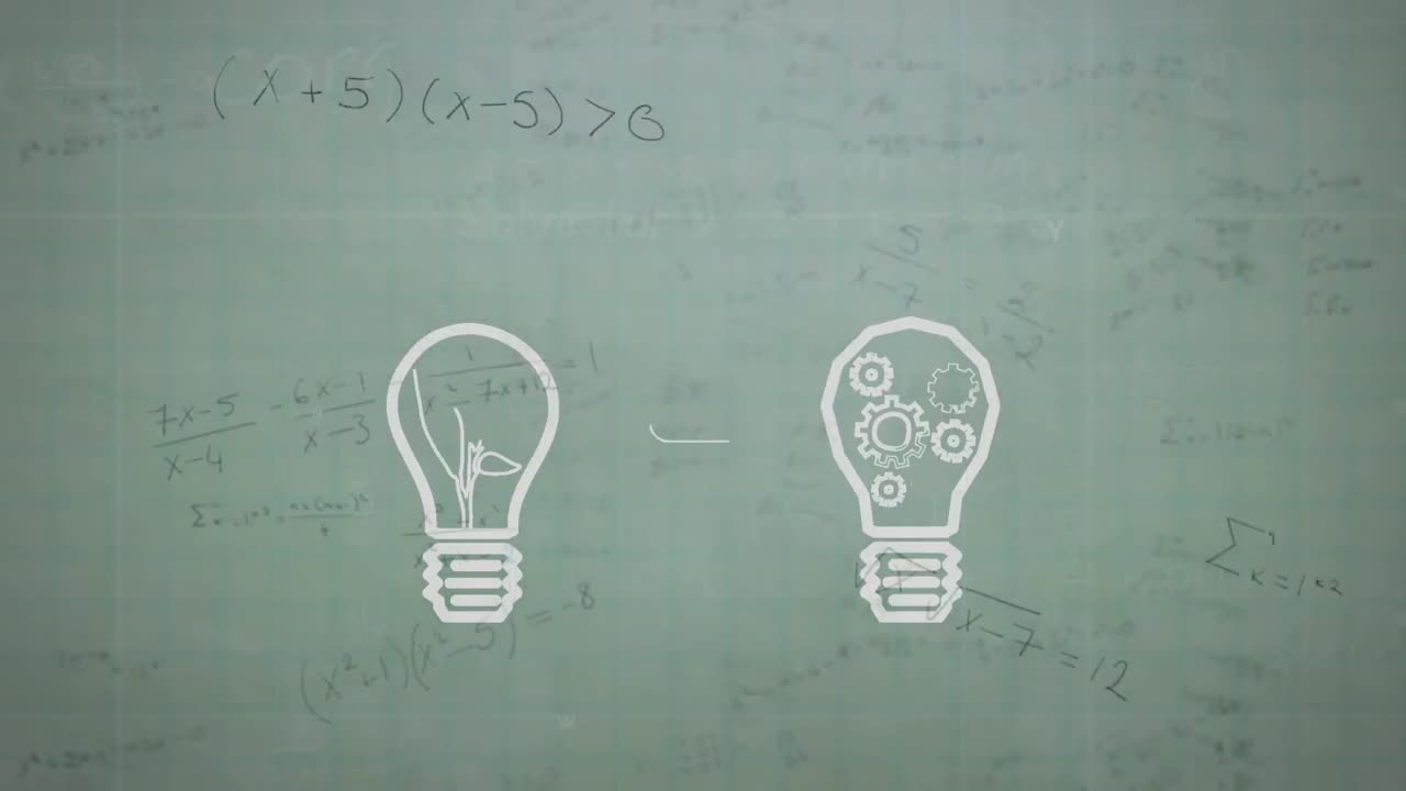 Animation of light bulbs over mathematical equations on white background