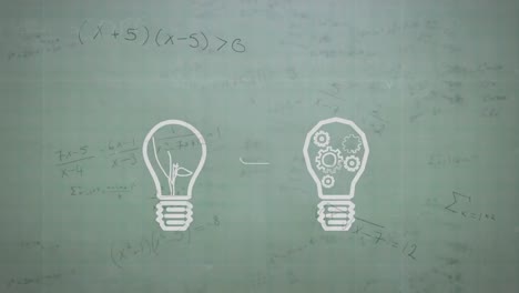 Animation-of-light-bulbs-over-mathematical-equations-on-white-background