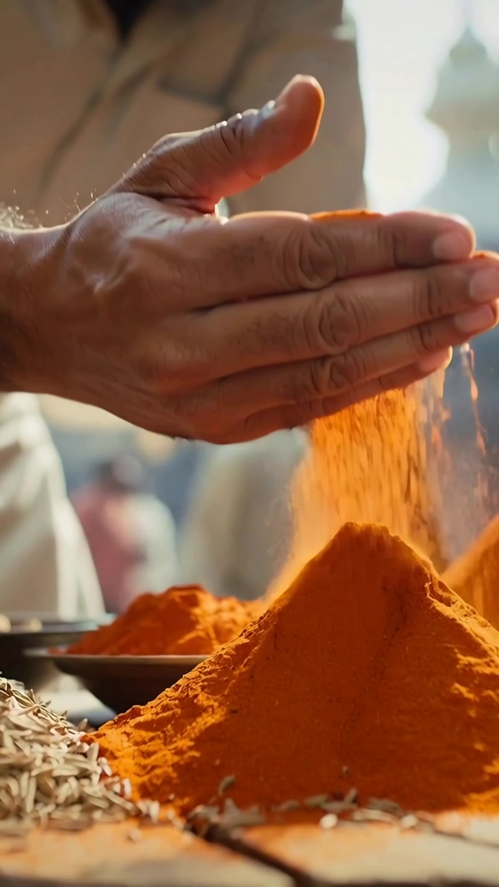 Vertical video: Leaning vendor sleeves rolled shaping spice on counter, sifting cumin, displaying