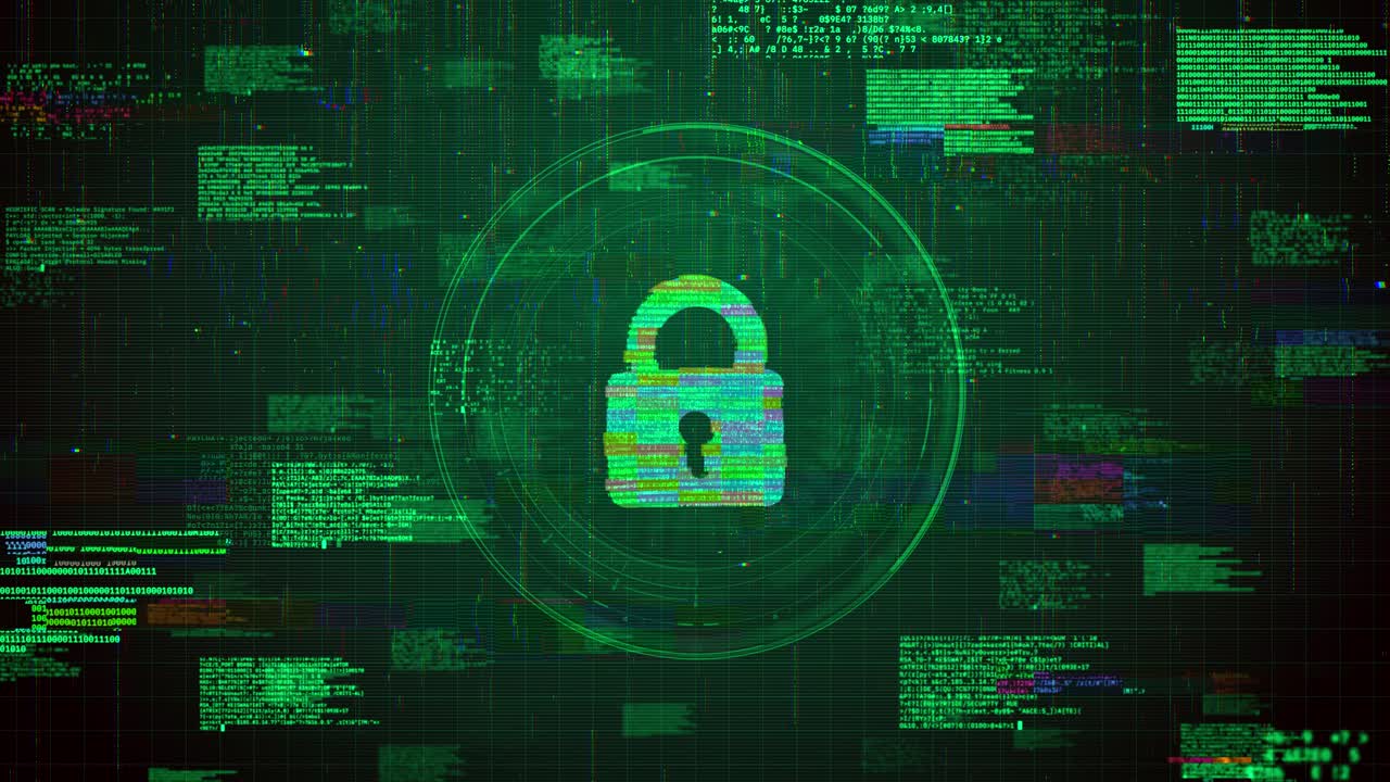Futuristisk hængelåsikon over grøn hacking glitch animationsbaggrund.