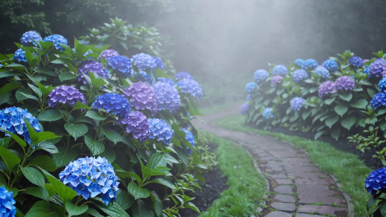Misty Garden Path Lined with Blue and Purple Hydrangea Flowers