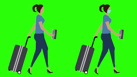 women with trolley walking cycle seamless loop , face mask version, green screen chroma key animation, flat design