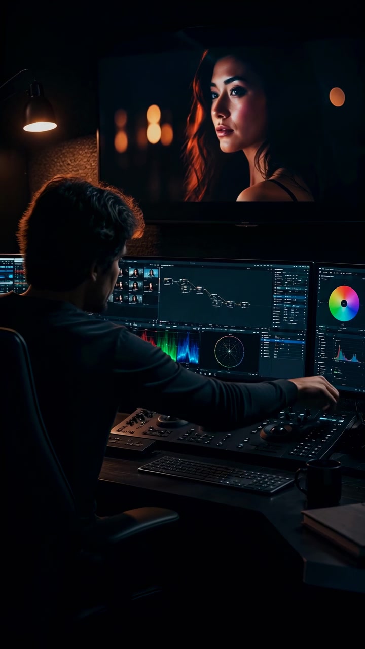 Colorist Editing Footage On Studio Monitors, Warm Female Portrait On Large Screen, Dim Lamp And Bokeh