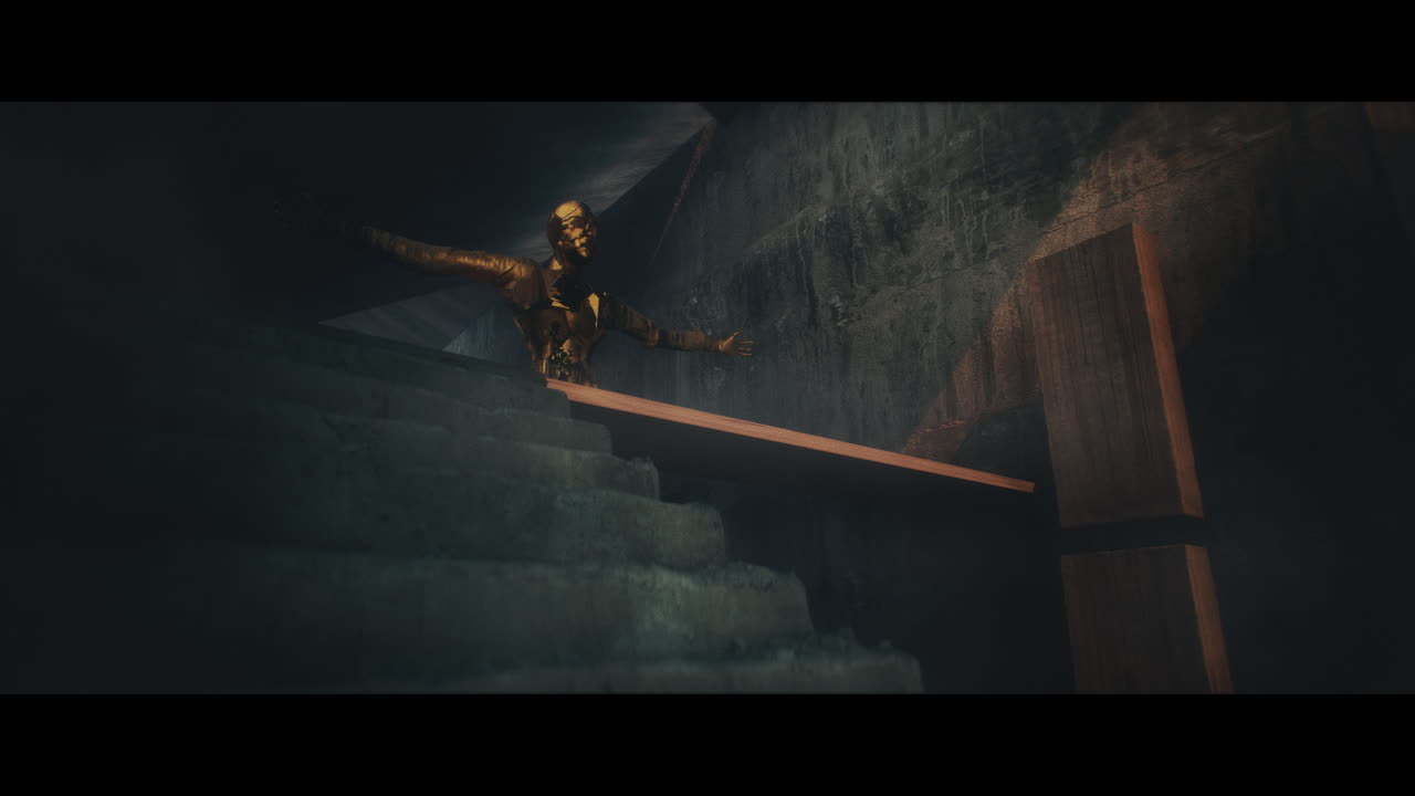 Golden Figure on Ancient Staircase