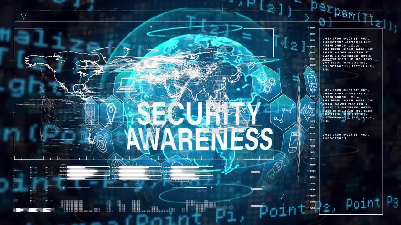 Animation of computer language over loading bars, map security awareness text, icons on globe