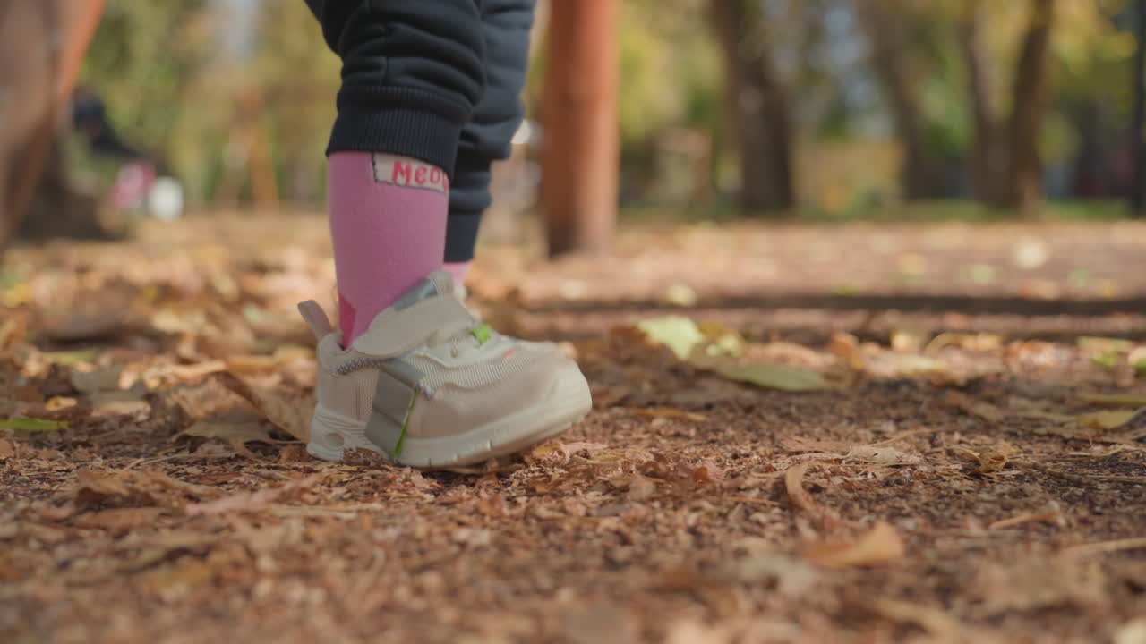 Toddler feet taking first steps, pink socks and white sneakers on leafstrewn path, soft autumn light, closeup ground perspective, tiny balance attempts, playful exploration, family outing warmth