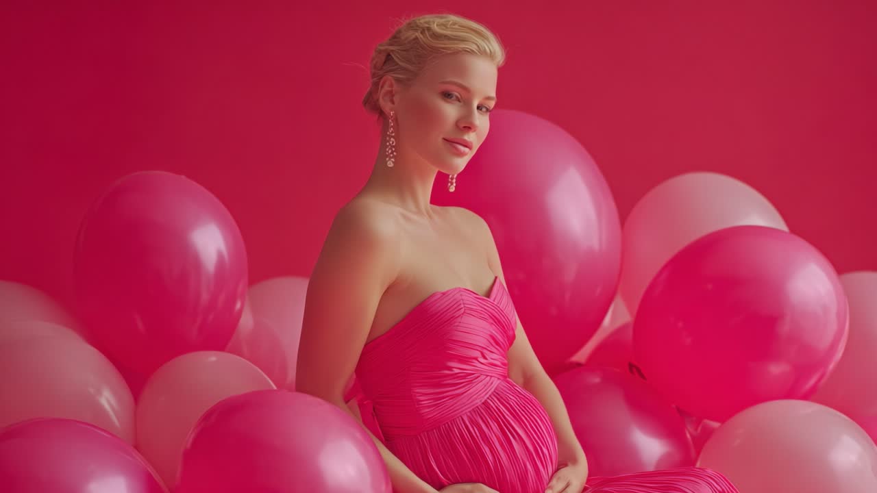 A stunning portrayal of maternity and elegance, featuring a serene woman in a pink gown amidst a plethora of vibrant pink balloons, embodying joy and anticipation