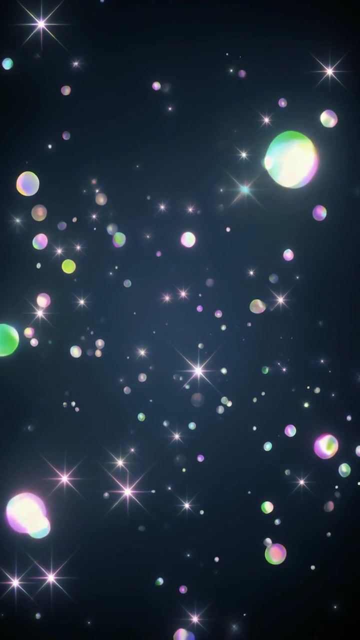 Floating Iridescent Bubbles and Sparkling Stars on Dark Background