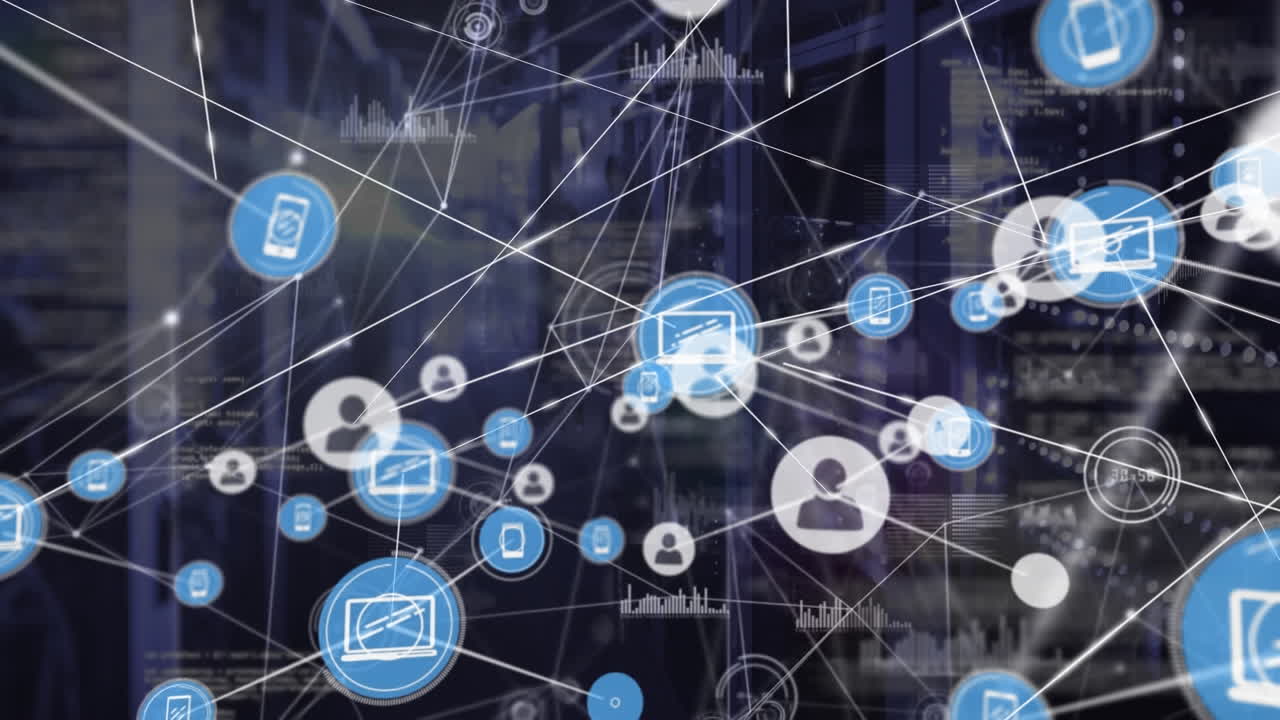 Animation of network of connections with icons and data processing over computer servers