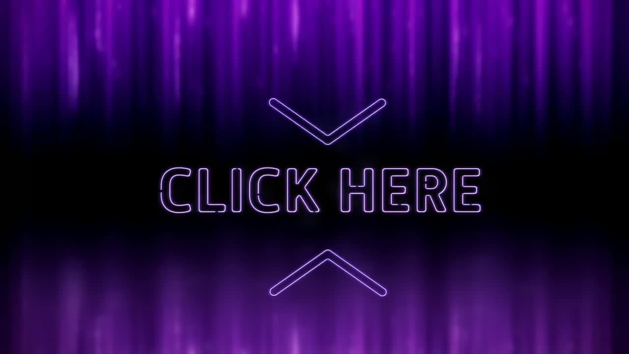 animación de palabras de estilo neón haga clic aquí y flechas parpadeando en fondo púrpura oscuro