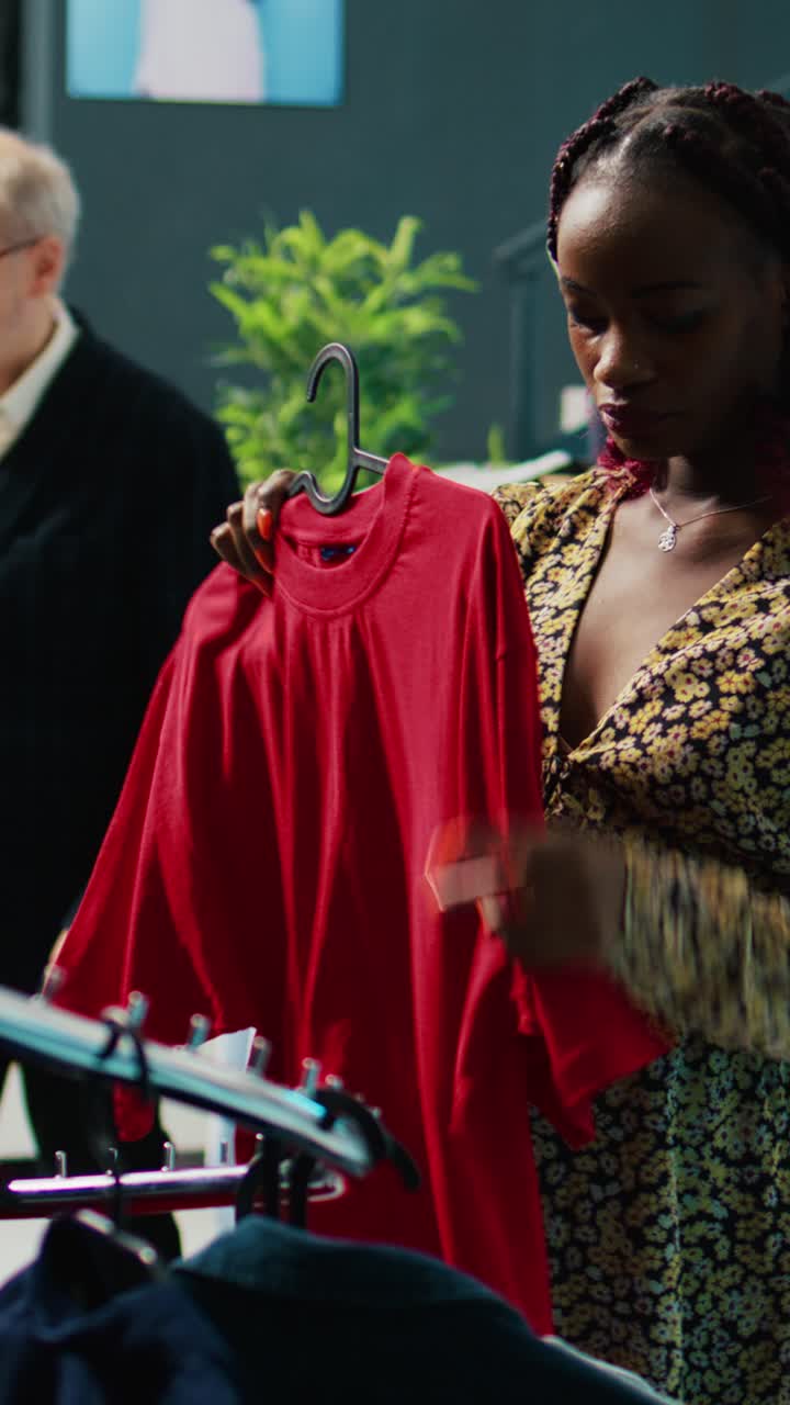 Vídeo vertical de uma gestante procurando roupas confortáveis e da moda em uma loja de departamentos