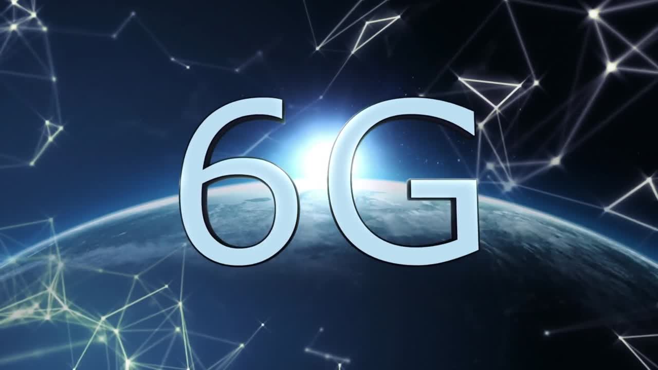 animazione di testo 6g su globo e rete di connessioni su sfondo blu