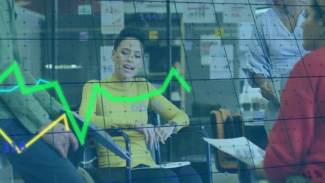 animation of financial data processing over diverse business people in office