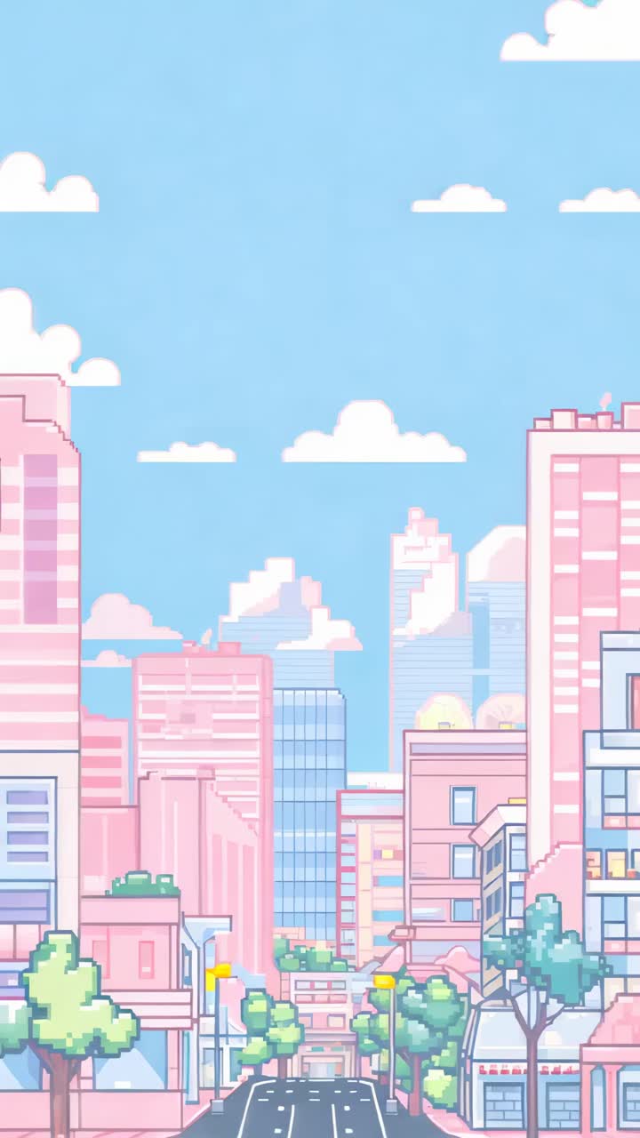 A vibrant pixel art cityscape viewed from a low angle, capturing a nostalgic retro video game style
