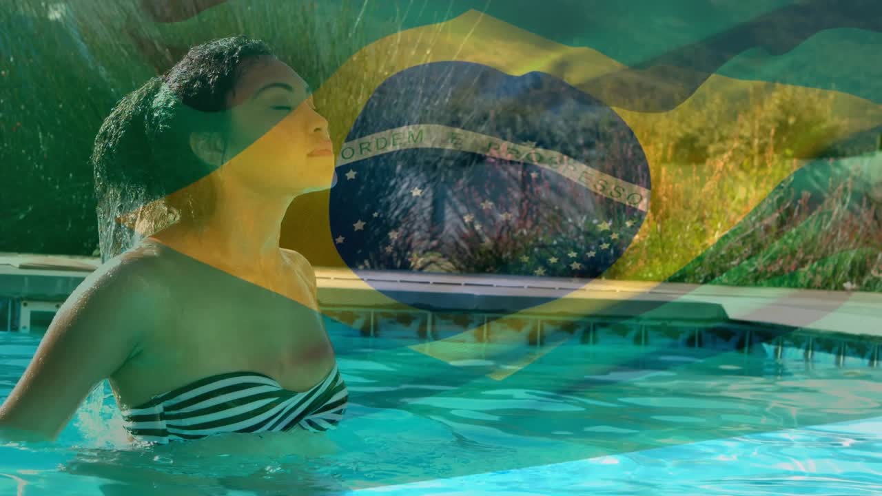 Immagine composita digitale di bandiera afroamericana su sfondo di bandiera di atleta femminile afroamericana.