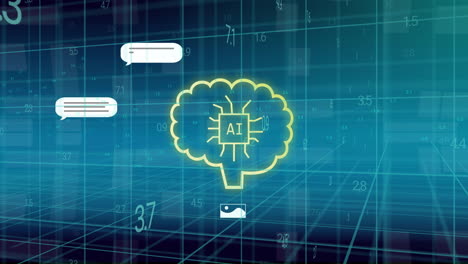 ai brain animation over digital data and chat bubbles