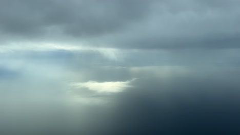 winter sky from a jet cockpit while flying near some rain clouds