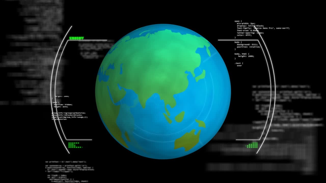 Animation of data processing, scope over globe on black background
