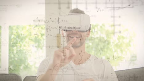 animation of mathematical drawings and equations over man wearing vr headset