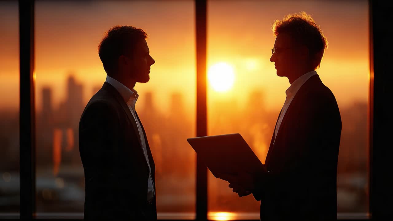 Silhouette di due professionisti impegnati in una discussione seria sullo sfondo di un tramonto spettacolare, che evidenzia l'importanza della collaborazione e della comunicazione nel business.