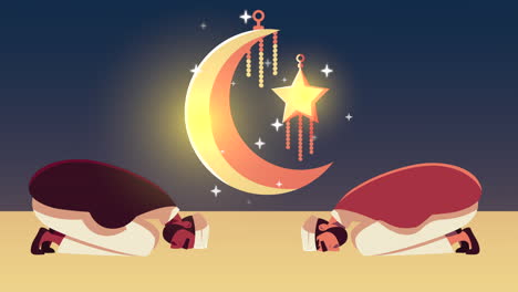 ramadan kareem animation with muslim men praying characters and golden moon