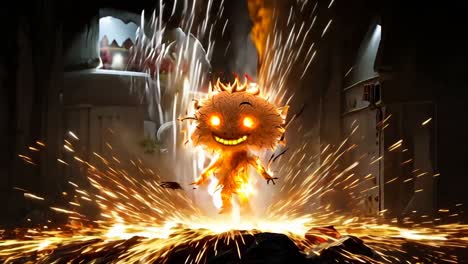 a cartoonish creature with a big smile and a glowing face stands in front of a pile of sparks