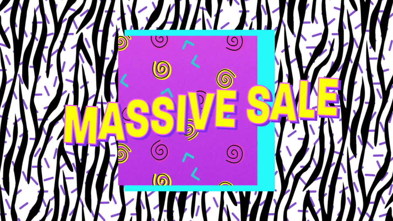 줄무 ⁇ 와 선 위의 사각형에 원형 패턴을 가진 대규모 판매 텍스트의 애니메이션